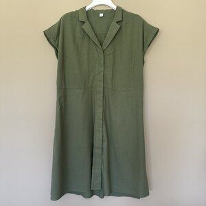 Old Navy Women L Olive Green Button Shirt Midi Dress Pockets Short Sleeve Modest